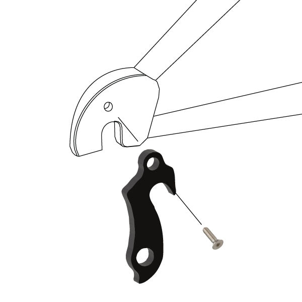 Hanger #102 attaches to the rear dropout from the outside or derailleur side using one M5x8 flat head screw.