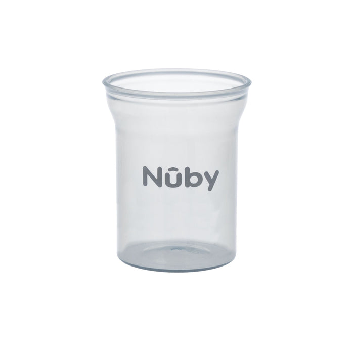 A clear, plastic Nuby Grape Cutter in grey is perfect for safe food prep. "Nuby" is printed on the side, making it a handy addition to your baby feeding essentials. Shown against a white background.