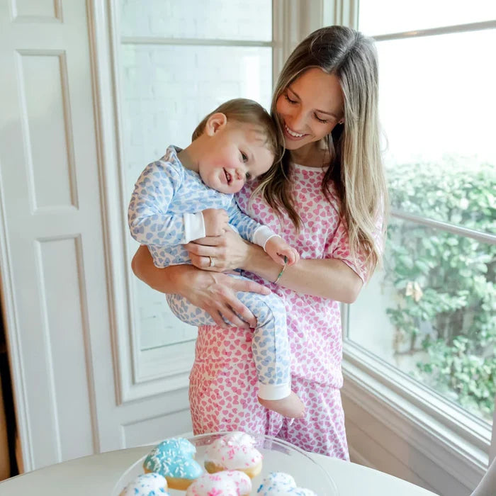 Lila + Hayes Parker Zip Footie in Blue Confetti Hearts