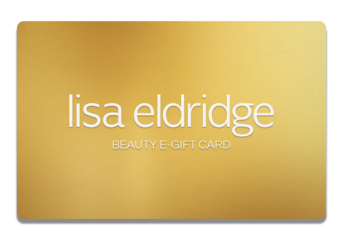 Gold gift card with 'lisa eldridge' branding on a white background