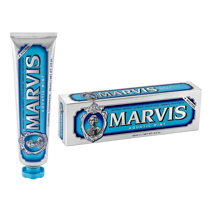 Marvis Aquatic Mint tannkrem i sølv og blått med xylitol, 85 ml