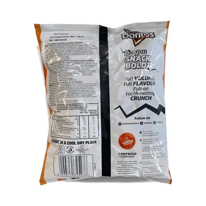 Simba Doritos Supreme Cheese 70g bag showing bold cheese flavour corn chips packaging back