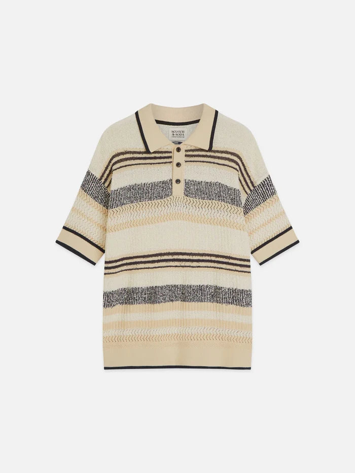Structured Dropped Shoulder Knitted Polo Eggnog / Ensign Blue Stripe