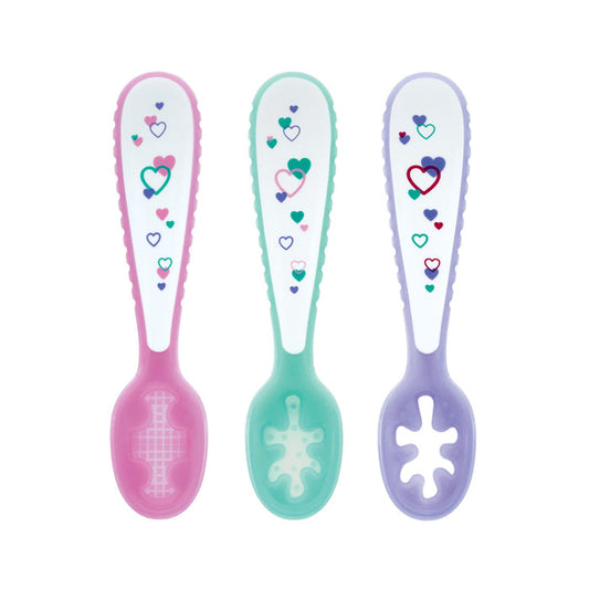 The Nuby 3-Stage Silicone Dipping Spoons | Hearts set includes pink, green, and purple spoons with heart-decorated handles and unique bowl cutouts—ideal self-feeding utensils for your baby feeding supplies collection.