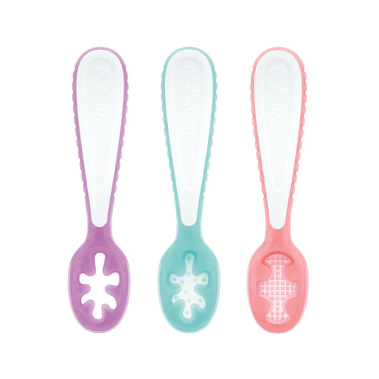 The Nuby 3-Stage Silicone Dipping Spoons come in purple, aqua, and pink. With textured cut-out patterns, these utensils are perfect for babies learning to self-feed.