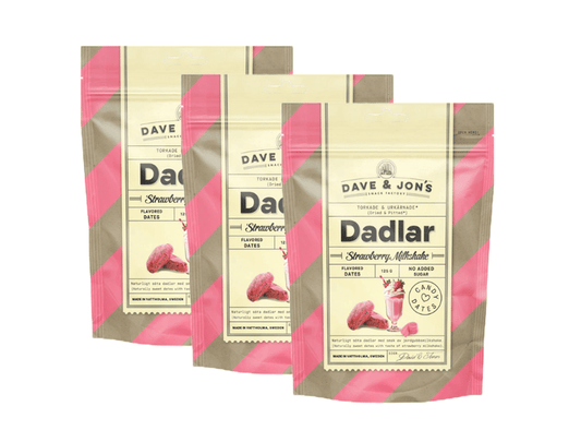 3 x Dave & Jon's Dadlar Strawberry Milkshake 125g (4.40 oz) – Natural Swedish Date Snack – Vegan & No Added Sugar