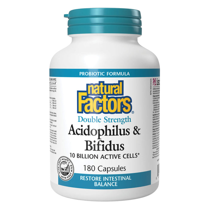 Bottle of Natural Factors Acidophilus & Bifidus - Double Strength 10 Billion 180 Capsules
