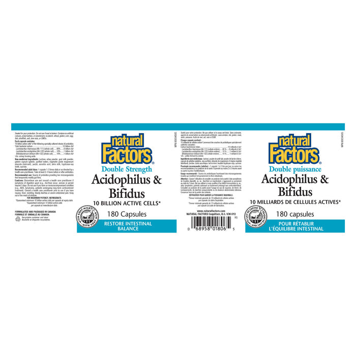 Natural Factors Acidophilus & Bifidus - Double Strength 10 Billion 180 Capsules Label