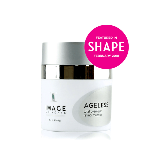 Jar of AGELESS total overnight retinol masque | IMAGE Skincare with a silver lid and a label highlighting its feature in Shape magazine, February 2018, presented on a white background.