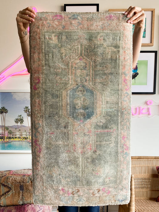 Aku traditional handwoven hand-knotted vintage turkish oushak mini small accent rug pastel beige green blue pink