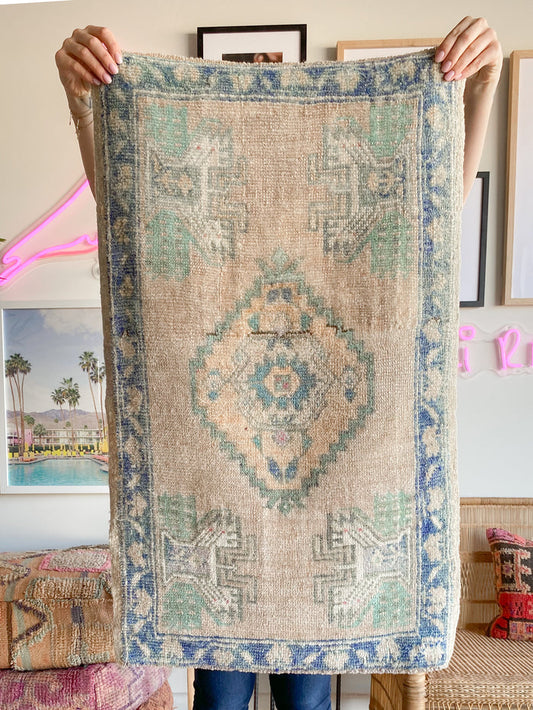 Aster traditional handwoven hand-knotted vintage turkish oushak mini small accent rug pastel beige green blue