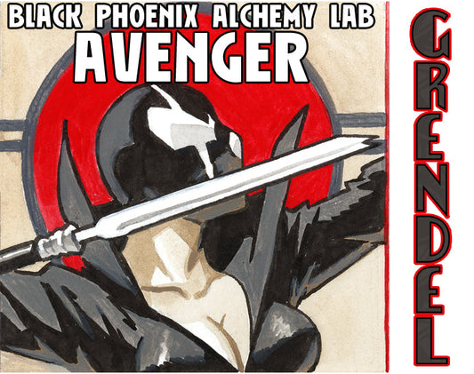 Character with a sword labeled 'Avenger' from 'Black Phoenix Alchemy Lab' on a beige background.