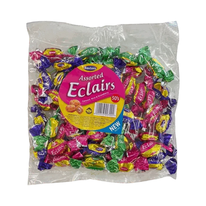 Baxtons Assorted Eclairs 50s pack with caramel, mint, and strawberry flavors individually wrapped for sharing
