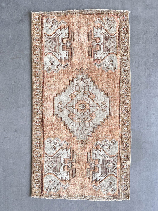 traditional handwoven vintage turkish oushak mini accent rug rust tan beige