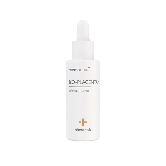 Bottle of Bio-Placenta ++ | Skin Moderne wrinkle repair serum in white packaging with dropper, designed for skincare and anti-aging treatment.