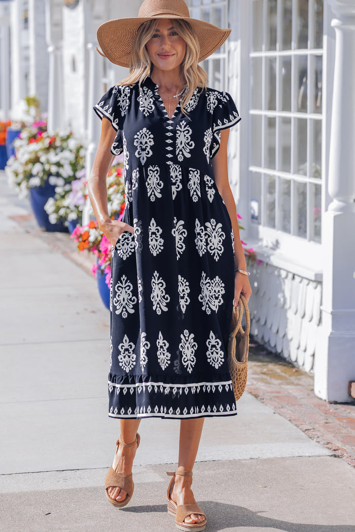 Blue Western Ethnic Print Notched Neck Short Sleeve Midi Dress