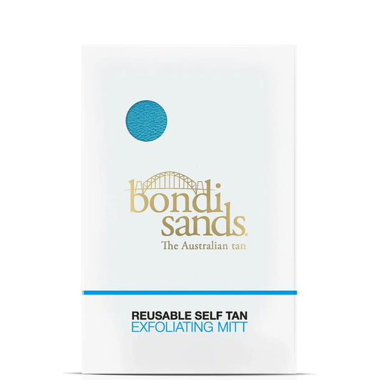 Bondi Sands Dual Action Exfoliating Mitt designed for skincare, shown with textured side for exfoliation and smooth side for gentle cleansing.