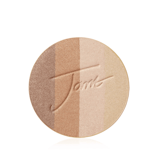 Round bronzer makeup refill with four warm-toned shades and subtle shimmer, embossed with a signature script, for a natural sun-kissed glow, Bronzer Refill | Jane Iredale.