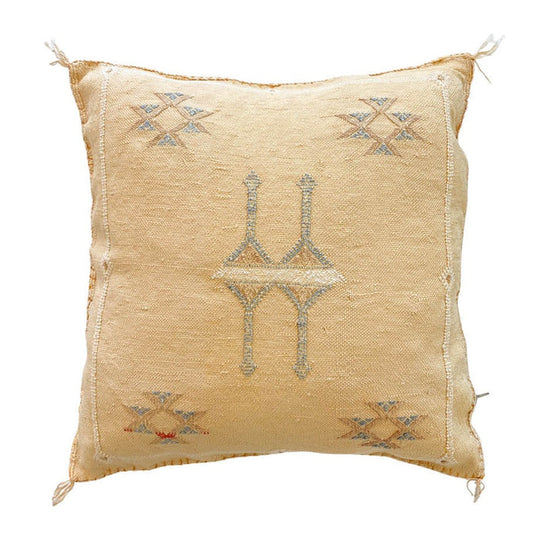 Artisanal Handmade Moroccan embroidered cactus silk sabra lumbar pillow yellow handwoven
