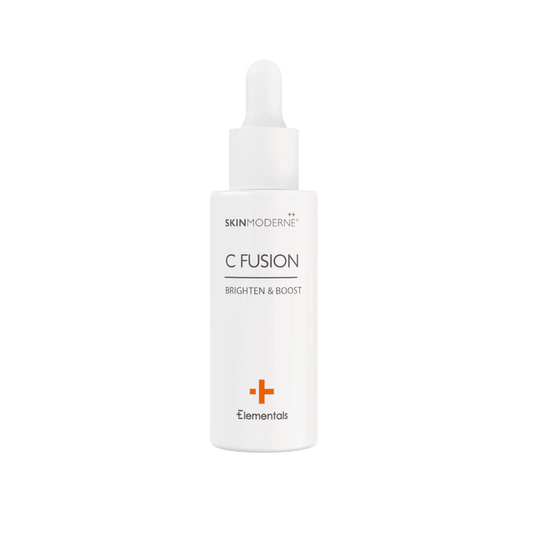 White dropper bottle of C Fusion | Skin Moderne skincare serum labeled Brighten & Boost from Elementals collection against a plain white background.