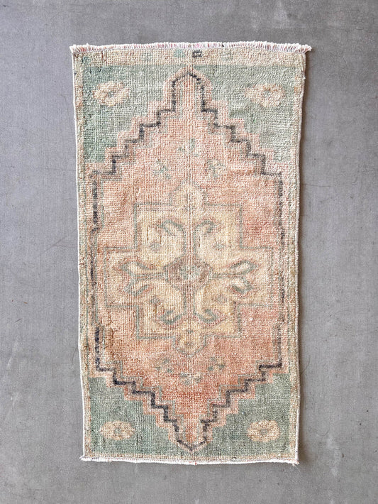 traditional handwoven hand-knotted vintage turkish oushak mini small accent rug pastel pink blue