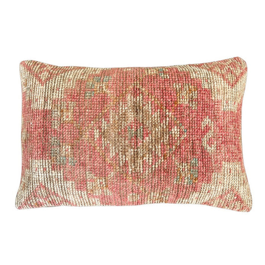 Handmade Turkish oushak pillow cover made with vintage rugs 16x24 beige and pink