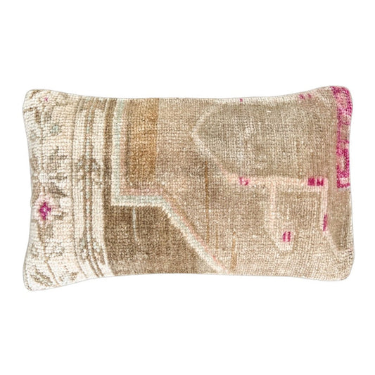 Handmade traditional Turkish oushak pillow cover made with vintage rugs 12x20 beige tan taupe