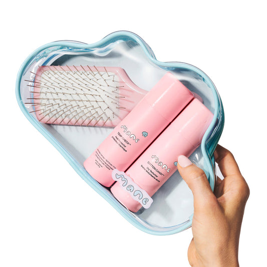 Cloud-shaped case with pink hairbrush and bottles labeled 'mane' on a white background