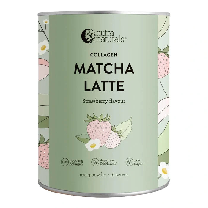 Canister of Nutra Naturals Collagen Matcha Latte with strawberry flavor on a white background