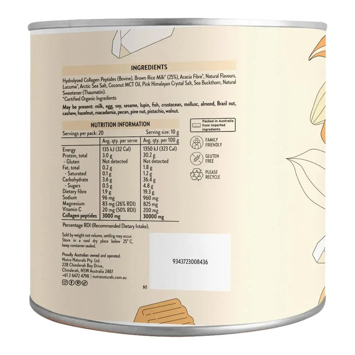 Nutritional information label on a product container with illustrations of fruits.