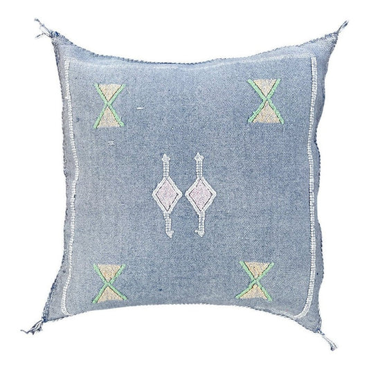 Artisanal Handmade Moroccan embroidered cactus silk sabra lumbar pillow blue handwoven boho eclectic decor
