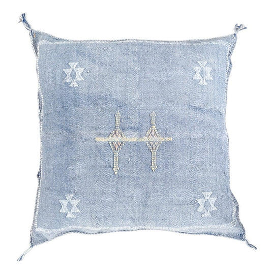 Artisanal Handmade Moroccan embroidered cactus silk sabra pillow faded blue handwoven