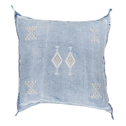 Artisanal Handmade Moroccan embroidered cactus silk sabra pillow faded blue handwoven