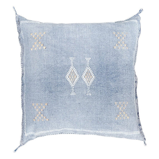 Artisanal Handmade Moroccan embroidered cactus silk sabra pillow faded blue handwoven