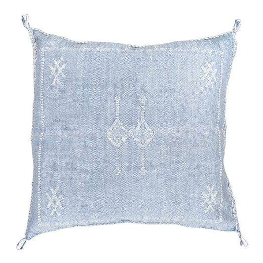 Artisanal Handmade Moroccan embroidered cactus silk sabra pillow faded blue handwoven