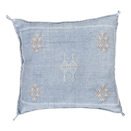 Artisanal Handmade Moroccan embroidered cactus silk sabra pillow faded blue handwoven