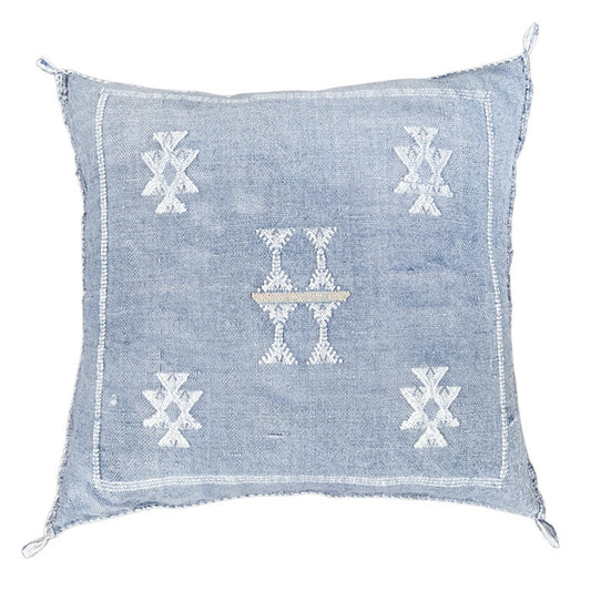 Artisanal Handmade Moroccan embroidered cactus silk sabra pillow faded blue handwoven