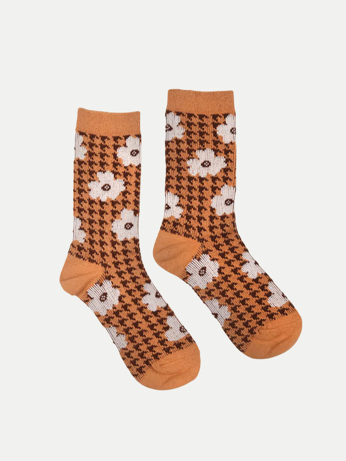 Cosmic Crew Socks | Brown Houndstooth Daisy-Image 1