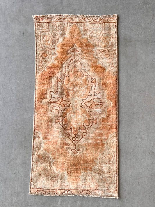 traditional handwoven hand-knotted vintage turkish oushak mini small accent rug pastel rust orange beige