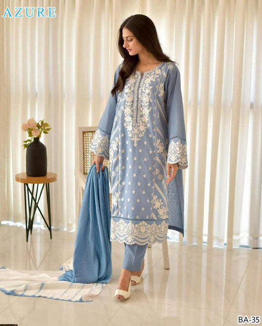 Dhanak Embroidered 3-Piece Suit with Bamber Embroidered Dupatta