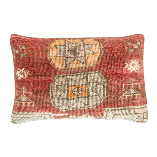 Handmade Turkish oushak pillow cover made with vintage rugs 16x24 red