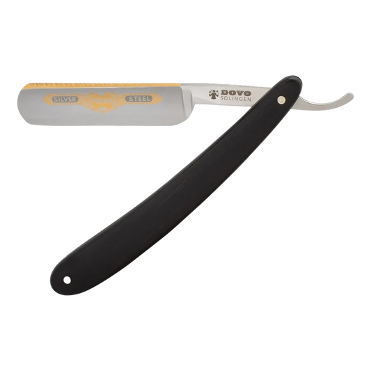 DOVO barberkniv i karbonstål med svart håndtak og gyllent mønster