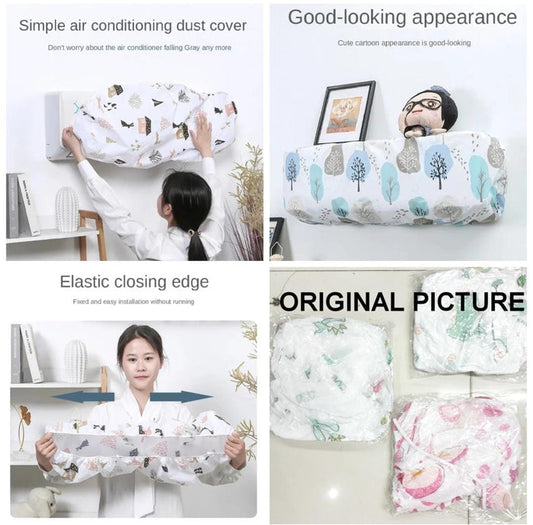 Elastic air conditioner dust cover being installed on wall-mounted AC

Decorative cartoon design AC dust cover for home and office

Elastic stretch AC cover showing flexible fit

Original packaged air conditioner dust covers with cartoon prints