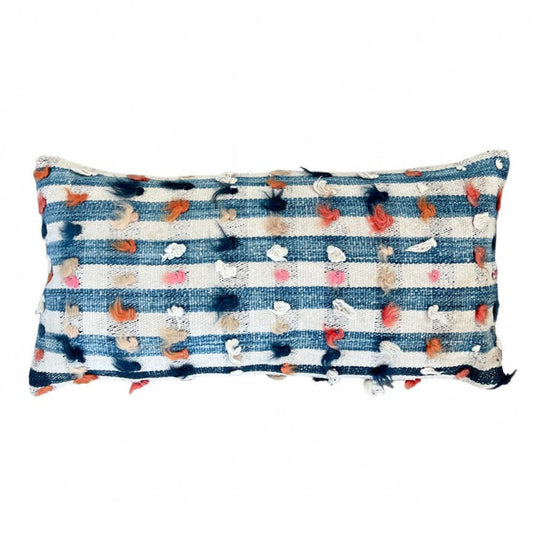 artisan handmade turkish tulu pillow 12x24 blue and white made with vintage rug textiles