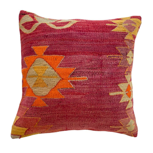 Festival turkish kilim pillow cover made with vintage red and orange textiles 20x20