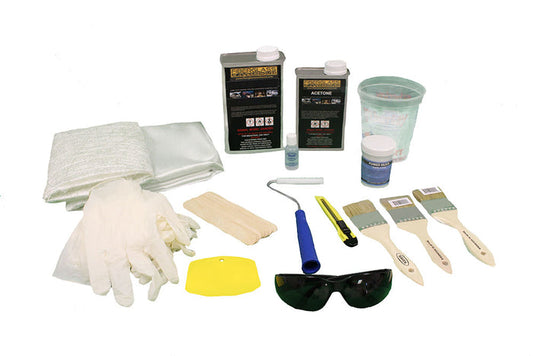 Quart fiberglass and resin supply kit. Includes chopped strand mat, fiberglass, safety gloves, stir sticks, spreader, safety glasses, economy fiberglass roller, quart of polyester finishing resin, MEKP, acetone, mixing cups, fumed silica, razor and 2" chip brushes.