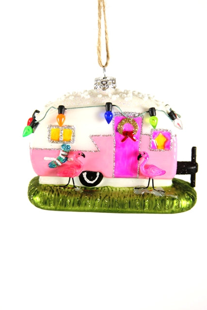 flamingo and christmas light camper glass ornament