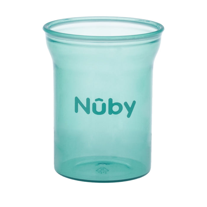 The Nuby Grape Cutter in aqua helps reduce choking risk at mealtime. Paired with a Nuby cup, it's ideal for babies. The cup is translucent teal with straight sides, a flared rim, and "Nuby" printed in large letters on the front.