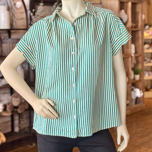 Green Striped Button Down Blouse