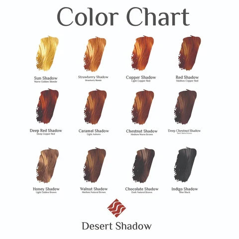 Color chart with Desert Shadow hair color swatches on a white background.